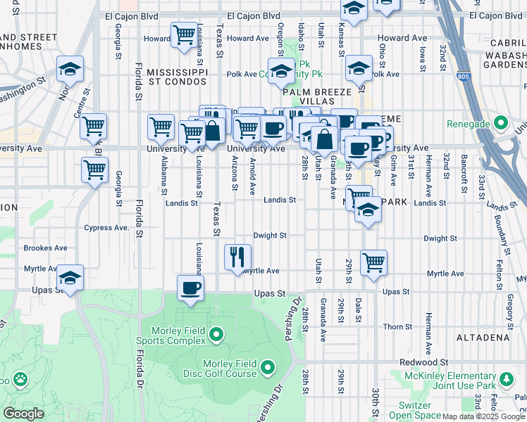 map of restaurants, bars, coffee shops, grocery stores, and more near 3653 Arnold Avenue in San Diego