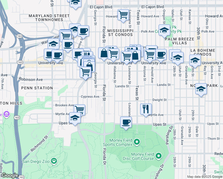 map of restaurants, bars, coffee shops, grocery stores, and more near 3674 Alabama Street in San Diego