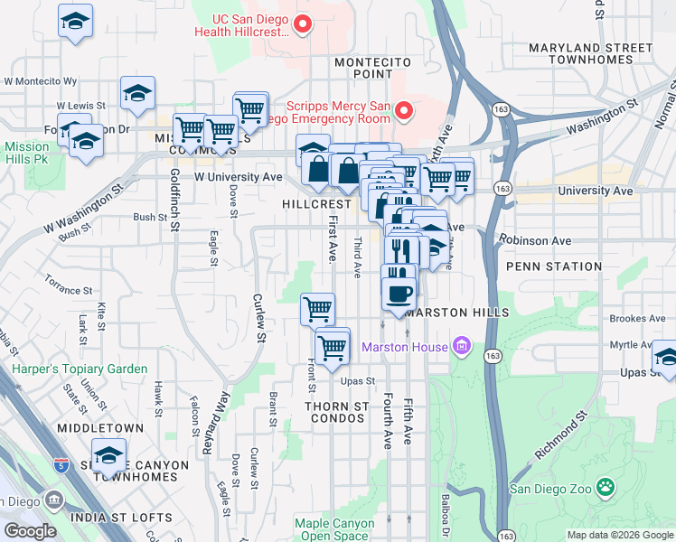 map of restaurants, bars, coffee shops, grocery stores, and more near 3677 1st Avenue in San Diego