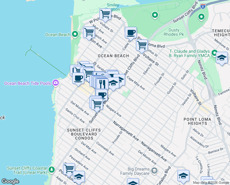 map of restaurants, bars, coffee shops, grocery stores, and more near 4800 Newport Avenue in San Diego