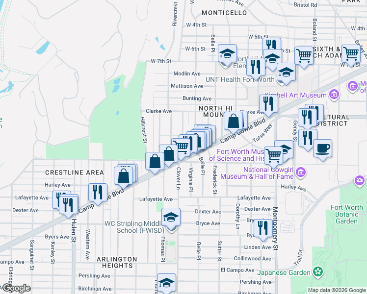 map of restaurants, bars, coffee shops, grocery stores, and more near 1504 Clover Lane in Fort Worth