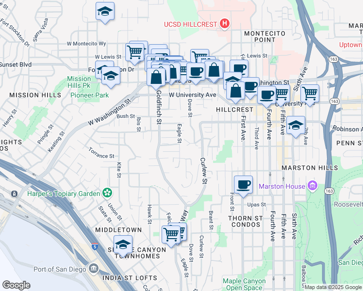 map of restaurants, bars, coffee shops, grocery stores, and more near 3693 Eagle Street in San Diego