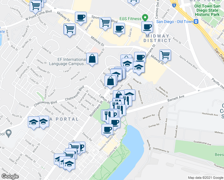 map of restaurants, bars, coffee shops, grocery stores, and more near 3045 Rosecrans Street in San Diego