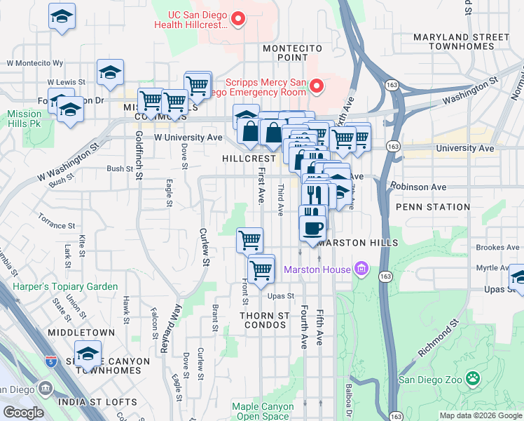 map of restaurants, bars, coffee shops, grocery stores, and more near 3677 1st Avenue in San Diego