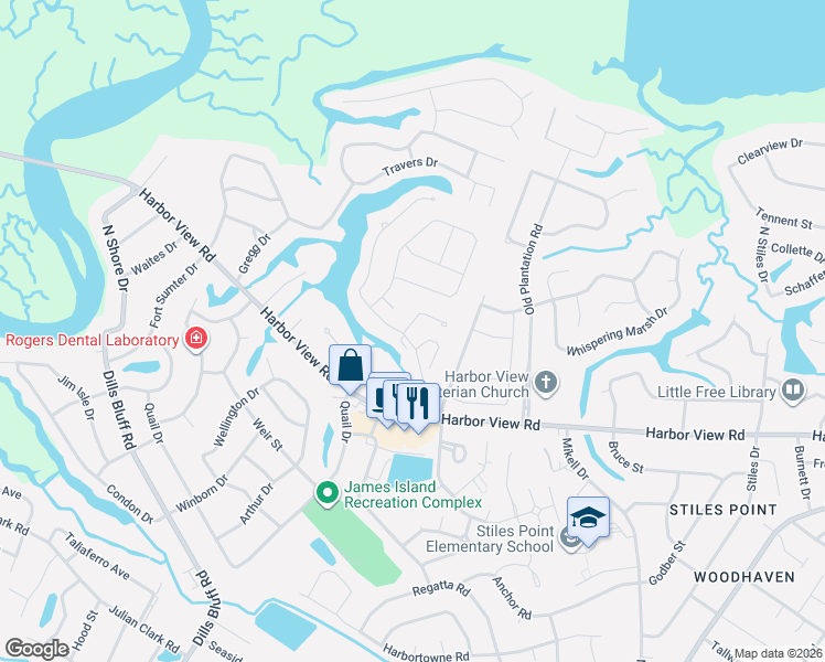 map of restaurants, bars, coffee shops, grocery stores, and more near 1004 Harbor Oaks Drive in Charleston