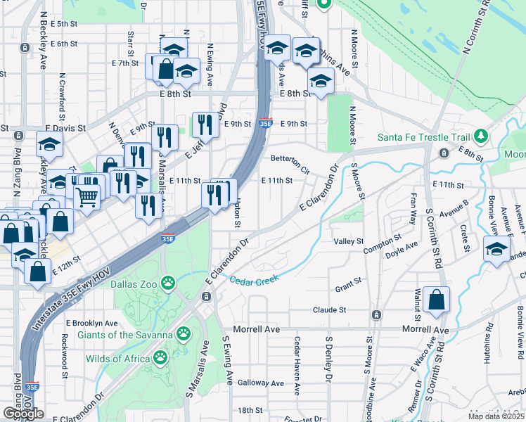 map of restaurants, bars, coffee shops, grocery stores, and more near 338 South Fleming Avenue in Dallas