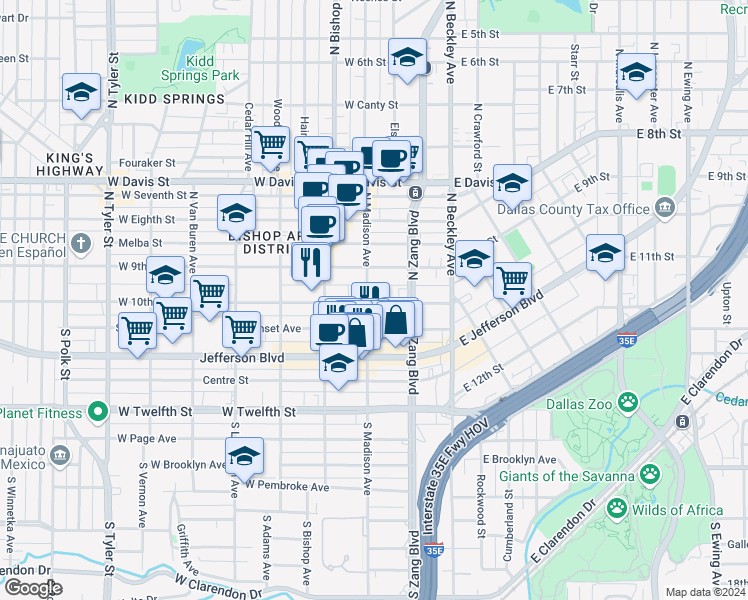 map of restaurants, bars, coffee shops, grocery stores, and more near 110 North Madison Avenue in Dallas