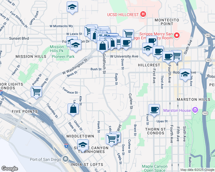 map of restaurants, bars, coffee shops, grocery stores, and more near 825 W Pennsylvania Ave in San Diego
