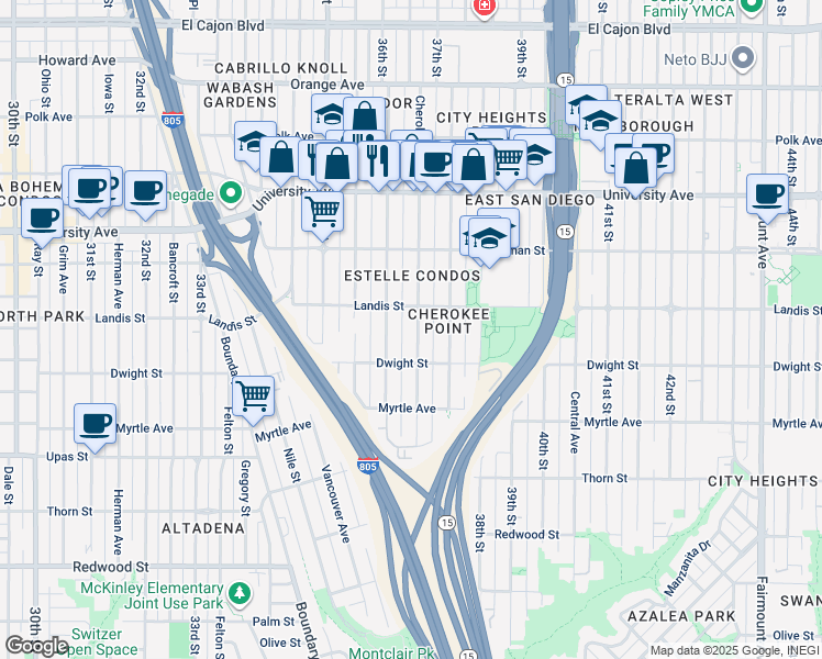 map of restaurants, bars, coffee shops, grocery stores, and more near 3658 Cherokee Avenue in San Diego