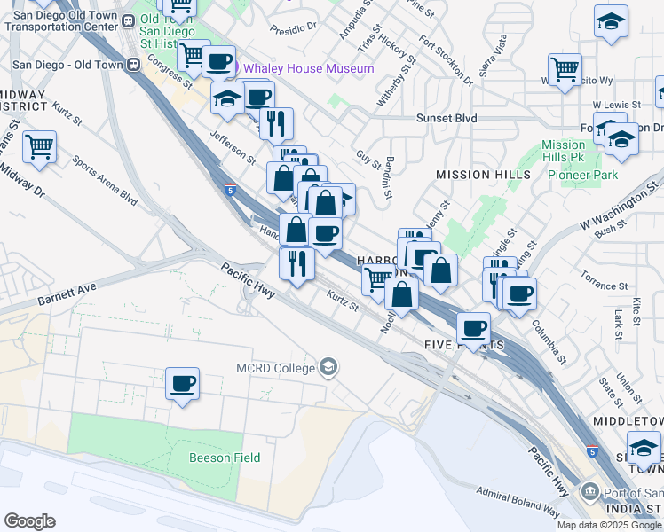 map of restaurants, bars, coffee shops, grocery stores, and more near 2074 Hancock Street in San Diego