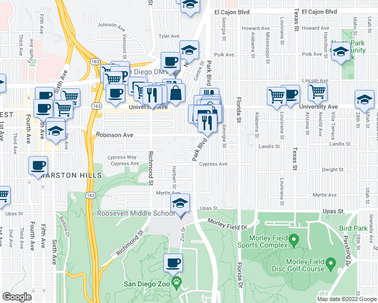map of restaurants, bars, coffee shops, grocery stores, and more near 1657 Pennsylvania Avenue in San Diego
