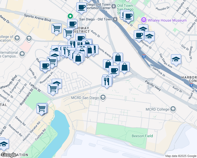 map of restaurants, bars, coffee shops, grocery stores, and more near 3280 Barnett Avenue in San Diego