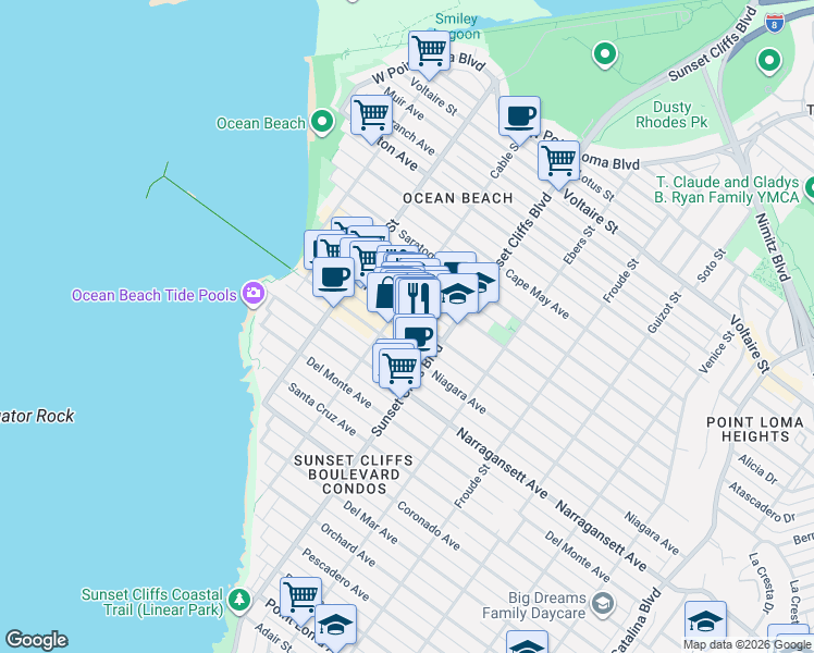 map of restaurants, bars, coffee shops, grocery stores, and more near 4871 Newport Avenue in San Diego