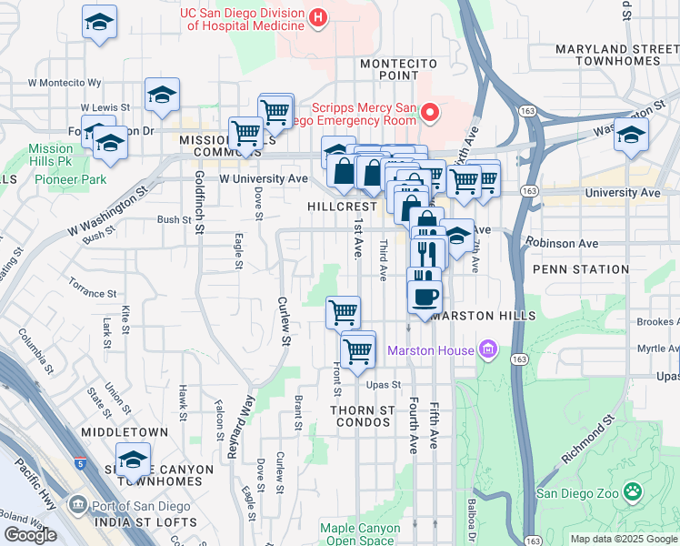 map of restaurants, bars, coffee shops, grocery stores, and more near 138 West Pennsylvania Avenue in San Diego