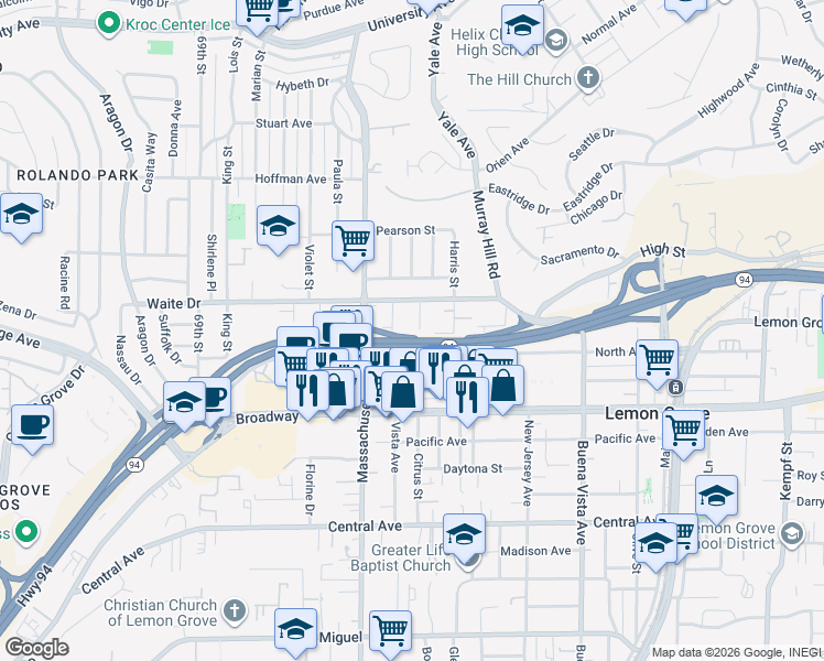 map of restaurants, bars, coffee shops, grocery stores, and more near 3685 Citrus Street in La Mesa