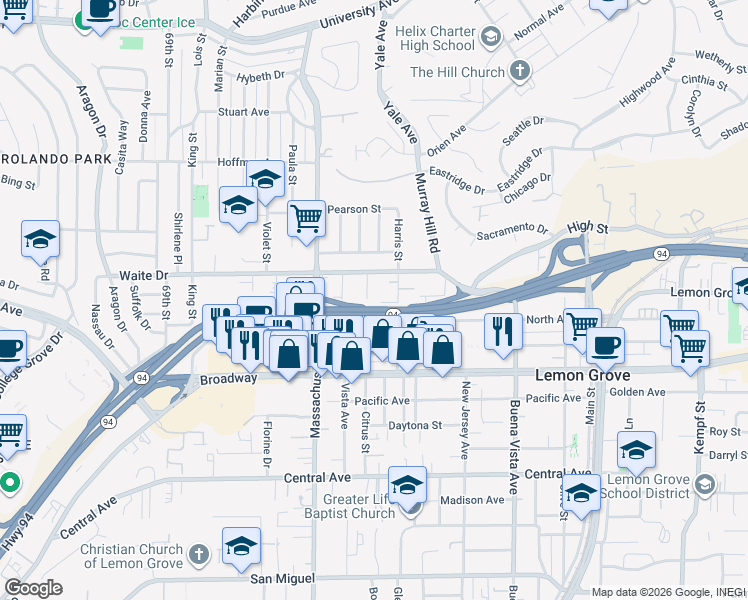 map of restaurants, bars, coffee shops, grocery stores, and more near 3685 Citrus Street in La Mesa