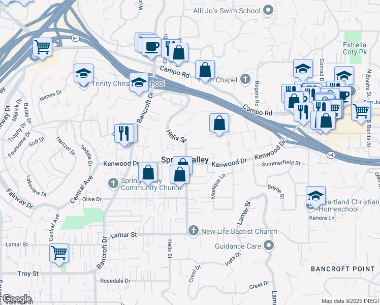 map of restaurants, bars, coffee shops, grocery stores, and more near 3535 Helix Street in Spring Valley