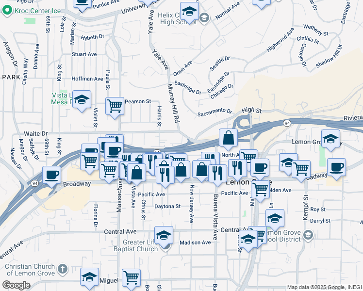 map of restaurants, bars, coffee shops, grocery stores, and more near 7441 Lime Street in La Mesa