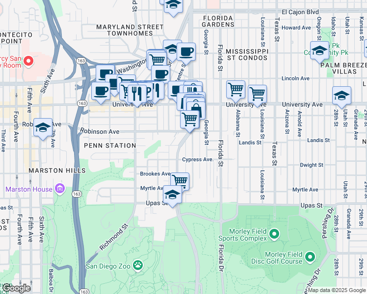 map of restaurants, bars, coffee shops, grocery stores, and more near 3689 Park Boulevard in San Diego