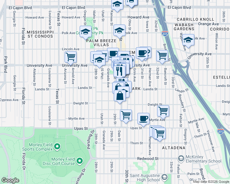 map of restaurants, bars, coffee shops, grocery stores, and more near Landis St & 29th St in San Diego