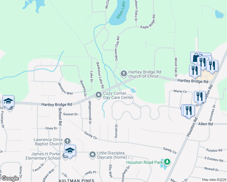map of restaurants, bars, coffee shops, grocery stores, and more near 3590 Hartley Bridge Road in Macon