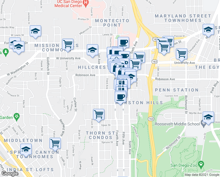map of restaurants, bars, coffee shops, grocery stores, and more near 316 Pennsylvania Avenue in San Diego
