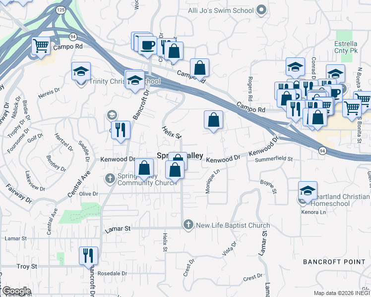 map of restaurants, bars, coffee shops, grocery stores, and more near 3535 Helix Street in Spring Valley