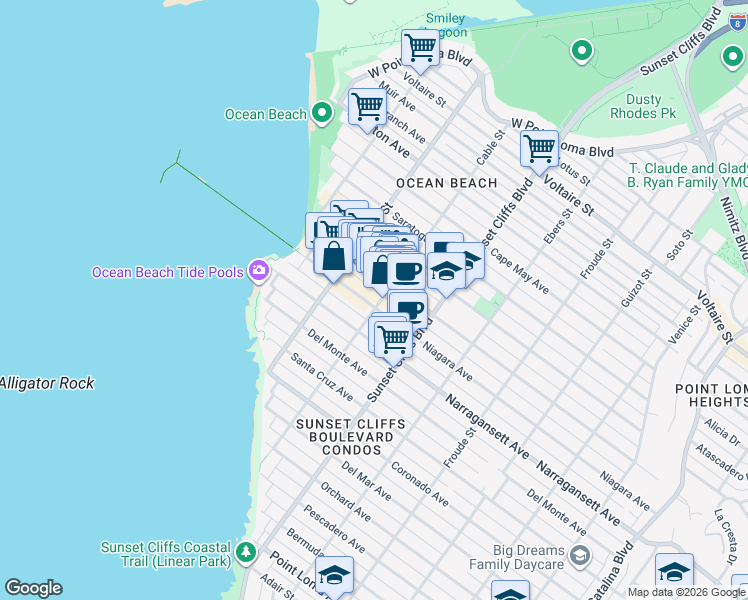 map of restaurants, bars, coffee shops, grocery stores, and more near 4915 Niagara Avenue in San Diego