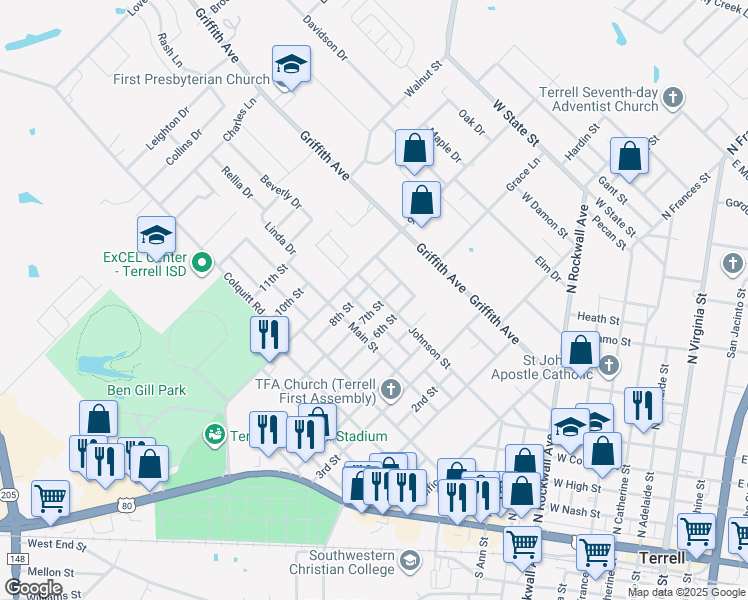map of restaurants, bars, coffee shops, grocery stores, and more near 401 7th Street in Terrell