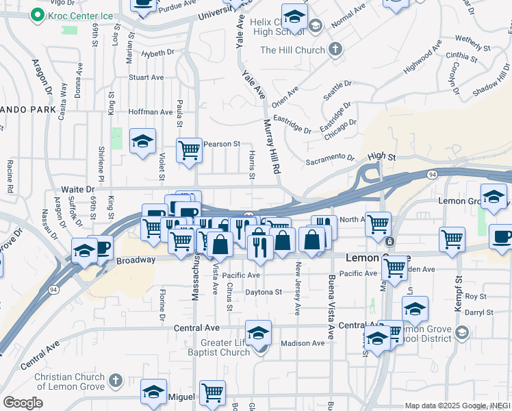 map of restaurants, bars, coffee shops, grocery stores, and more near 3669 Harris Street in La Mesa