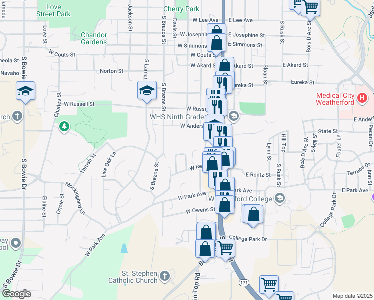 map of restaurants, bars, coffee shops, grocery stores, and more near 202 West Rentz Street in Weatherford