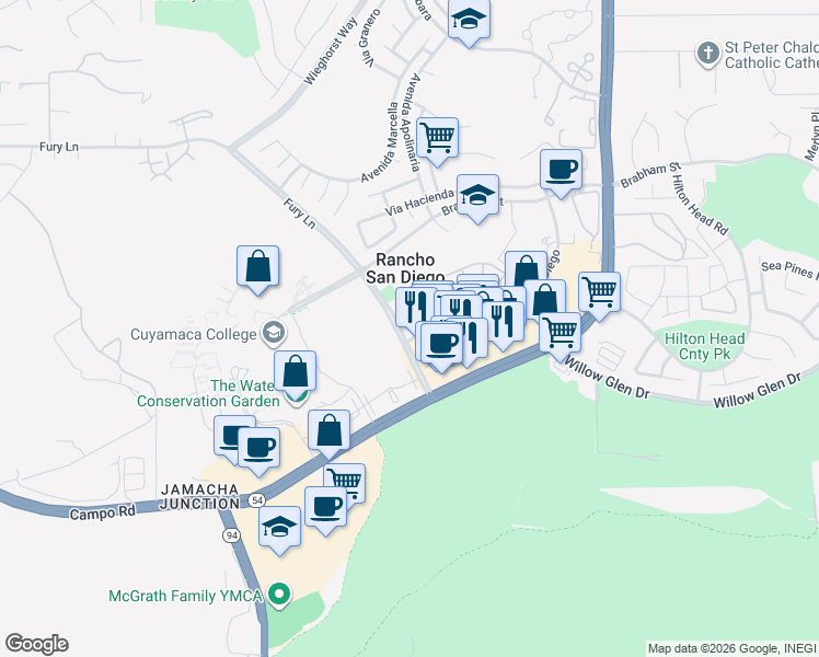 map of restaurants, bars, coffee shops, grocery stores, and more near 11358 Via Rancho San Diego in El Cajon