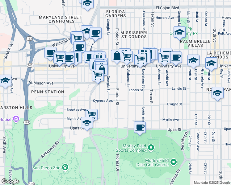 map of restaurants, bars, coffee shops, grocery stores, and more near 1935 Florida Court in San Diego