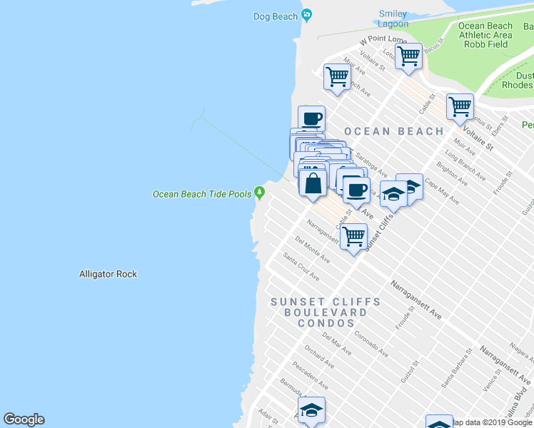 map of restaurants, bars, coffee shops, grocery stores, and more near 5080 Del Monte Avenue in San Diego