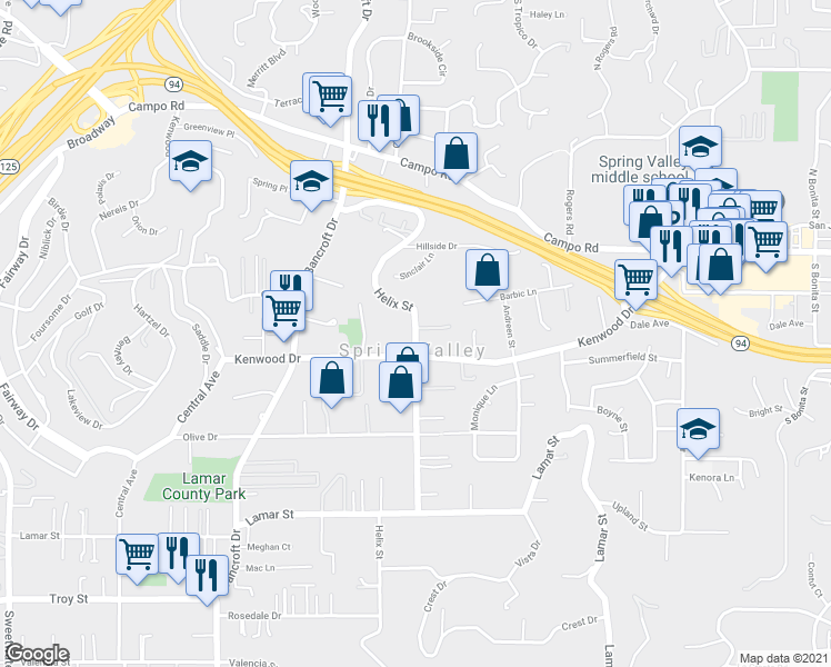 map of restaurants, bars, coffee shops, grocery stores, and more near 3560 Helix Street in Spring Valley