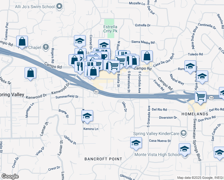 map of restaurants, bars, coffee shops, grocery stores, and more near 9829 Dale Avenue in Spring Valley