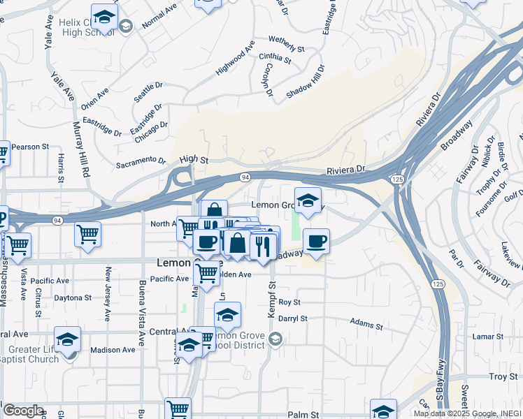 map of restaurants, bars, coffee shops, grocery stores, and more near 3636 Grove Street in Lemon Grove