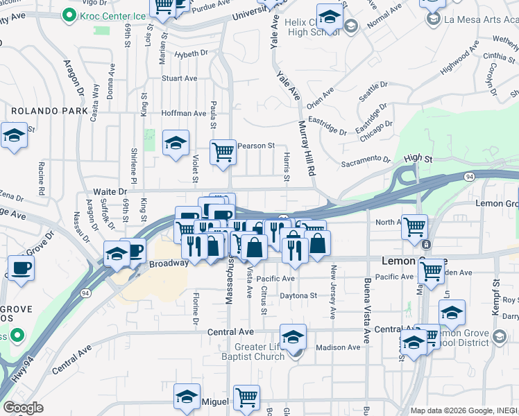 map of restaurants, bars, coffee shops, grocery stores, and more near 3685 Citrus Street in La Mesa