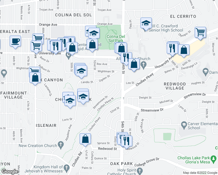 map of restaurants, bars, coffee shops, grocery stores, and more near 5334 Streamview Drive in San Diego