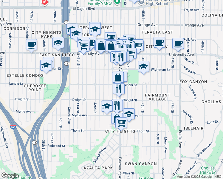 map of restaurants, bars, coffee shops, grocery stores, and more near 3645 43rd Street in San Diego