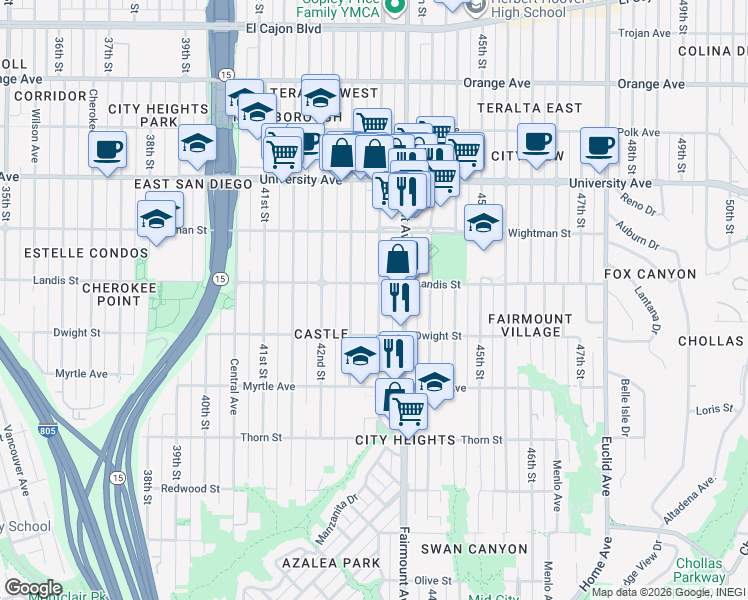 map of restaurants, bars, coffee shops, grocery stores, and more near 3645 43rd Street in San Diego