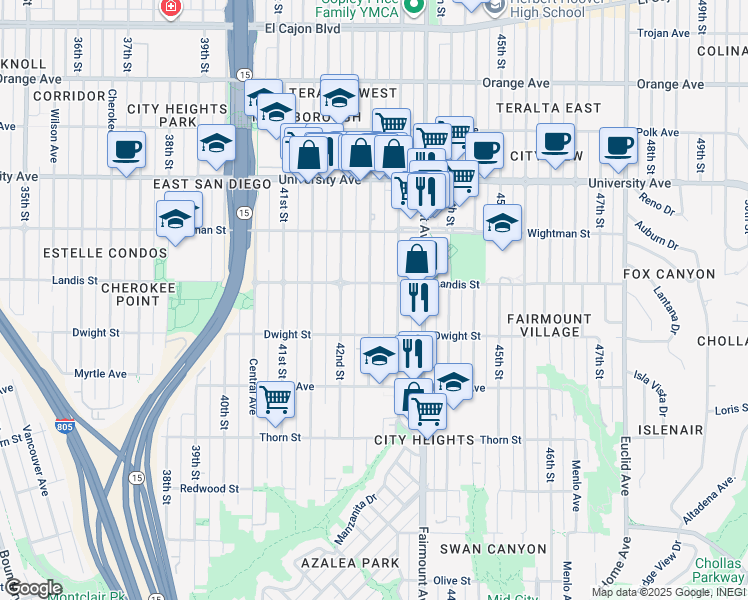 map of restaurants, bars, coffee shops, grocery stores, and more near 3648 Van Dyke Avenue in San Diego