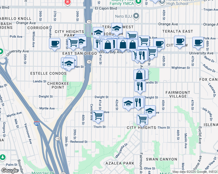 map of restaurants, bars, coffee shops, grocery stores, and more near 3648 42nd Street in San Diego