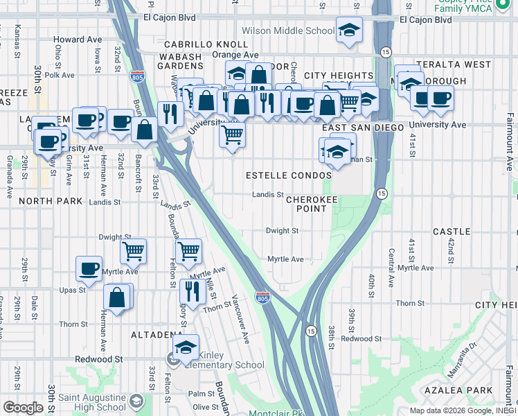 map of restaurants, bars, coffee shops, grocery stores, and more near 3647 Wilson Avenue in San Diego