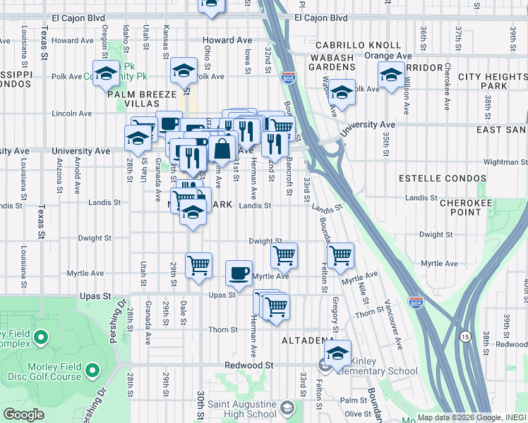 map of restaurants, bars, coffee shops, grocery stores, and more near 3659 Herman Avenue in San Diego