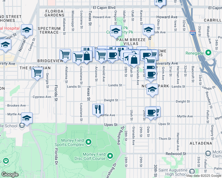 map of restaurants, bars, coffee shops, grocery stores, and more near 3653 Arnold Avenue in San Diego