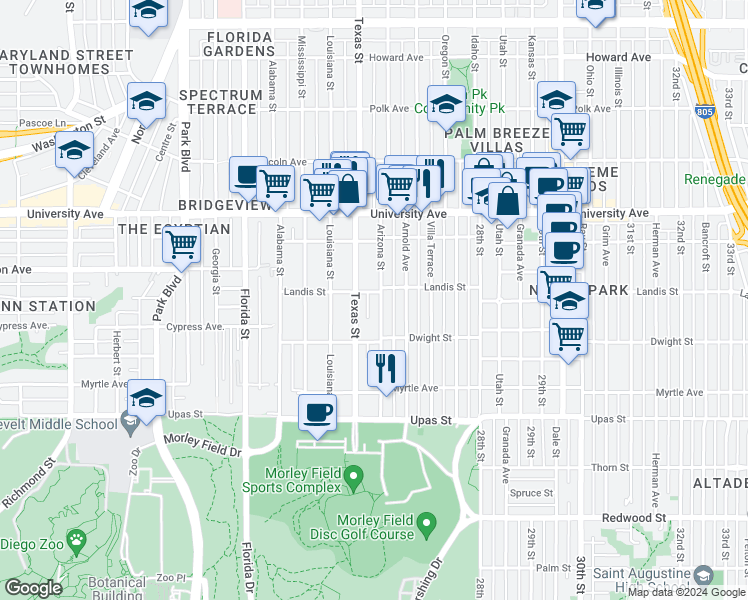 map of restaurants, bars, coffee shops, grocery stores, and more near 3672 Arizona Street in San Diego