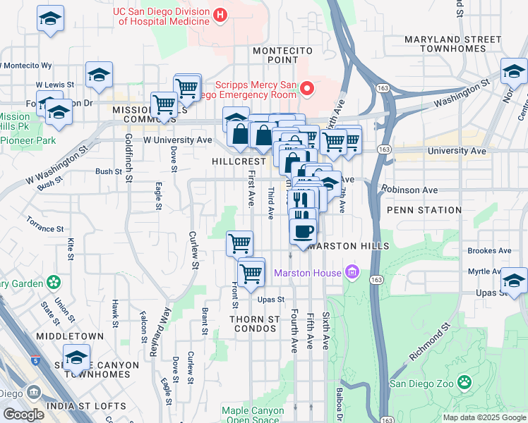 map of restaurants, bars, coffee shops, grocery stores, and more near 3677 1st Avenue in San Diego