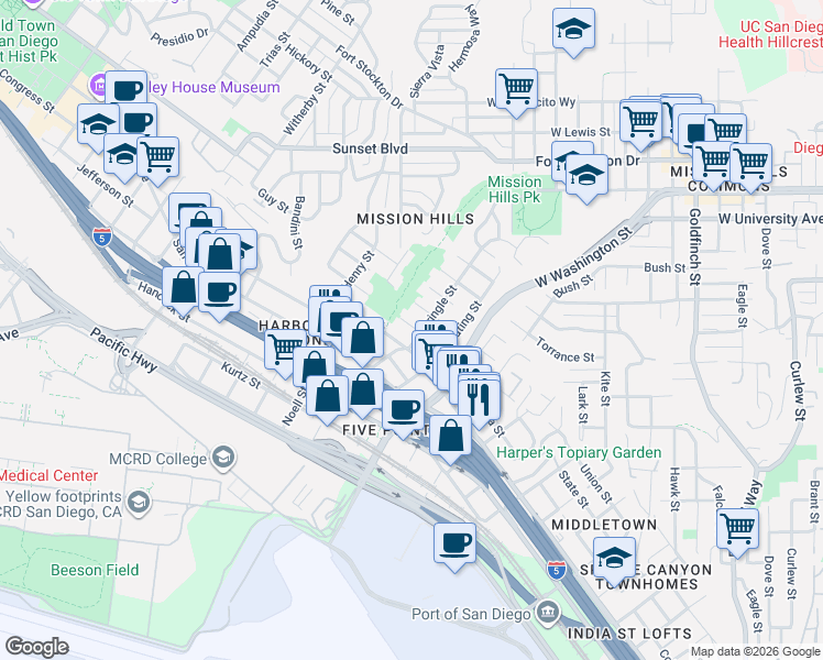map of restaurants, bars, coffee shops, grocery stores, and more near 1820 Titus Street in San Diego
