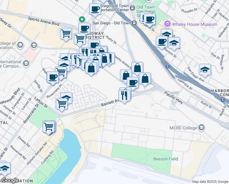 map of restaurants, bars, coffee shops, grocery stores, and more near 3280 Barnett Avenue in San Diego